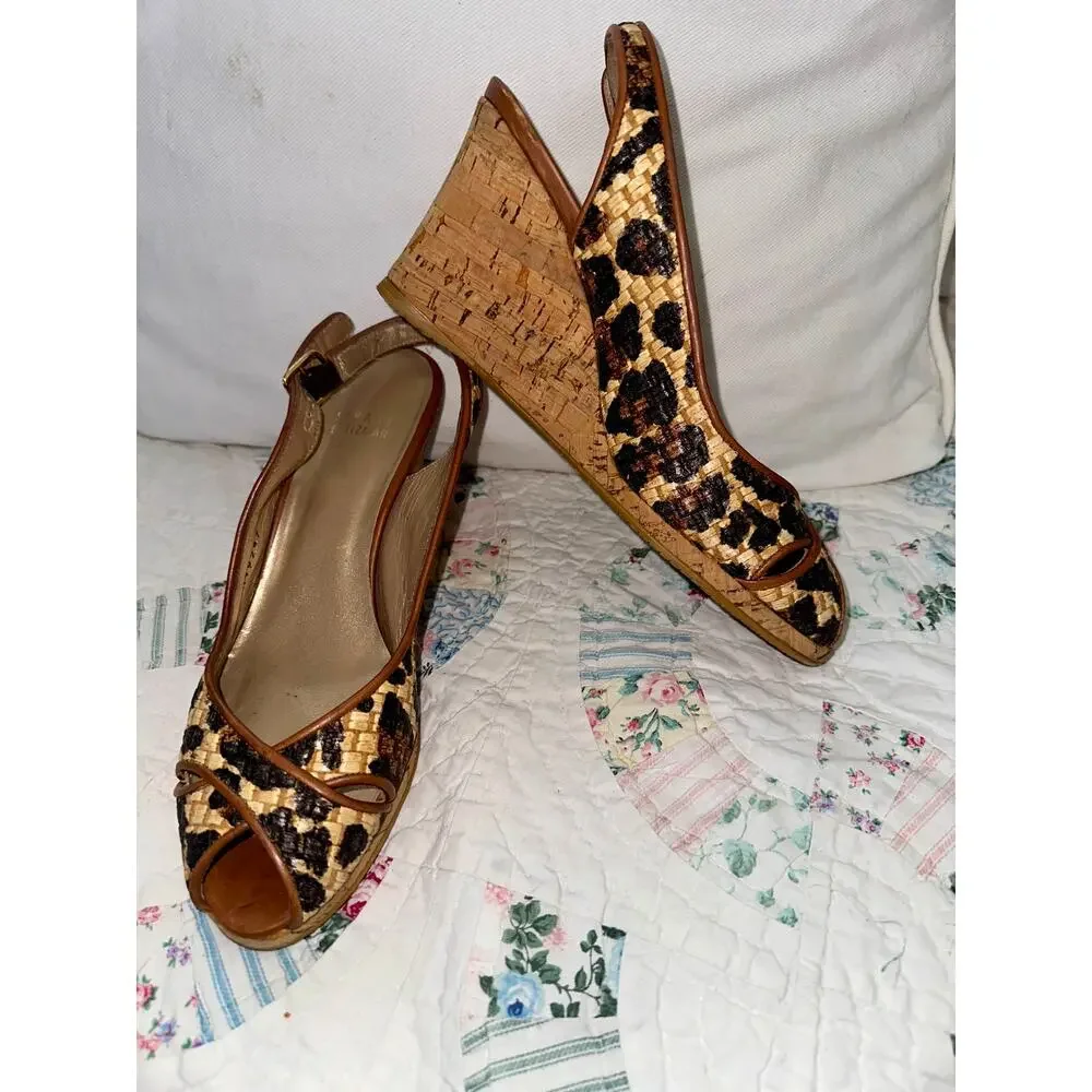 STUART WEITZMAN LEOPARD ANIMAL PRINT RAFFIA WEDGE SANDALS ESPADRILLES